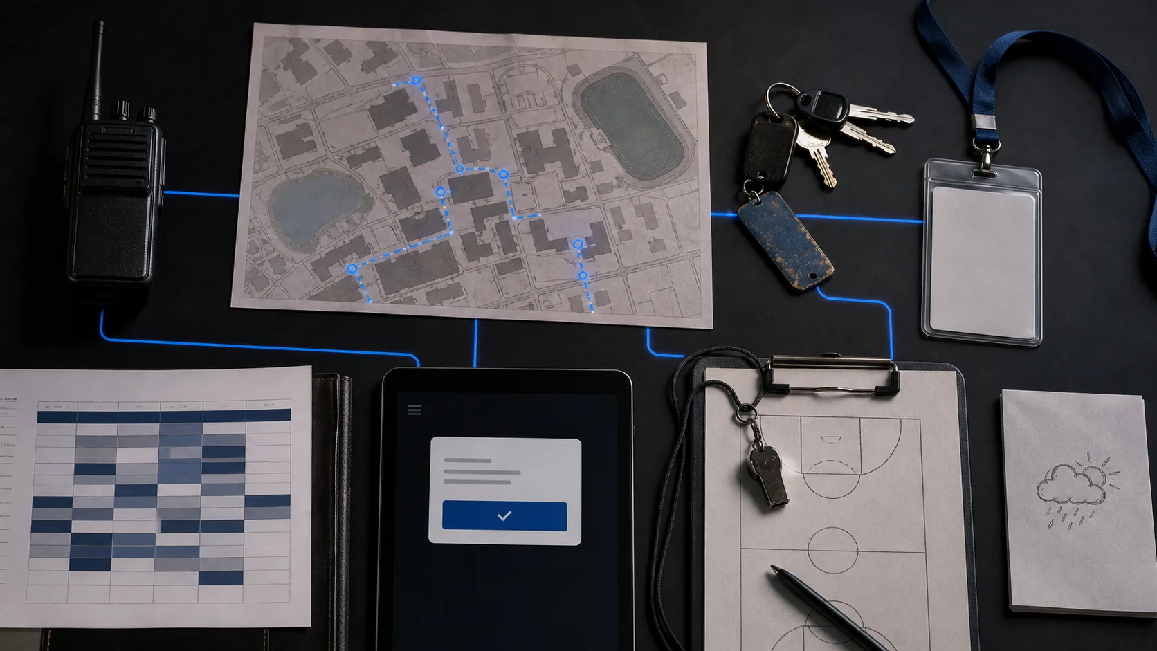 A physical school operations layer connecting transportation, fields, schedules, access, weather, and approvals