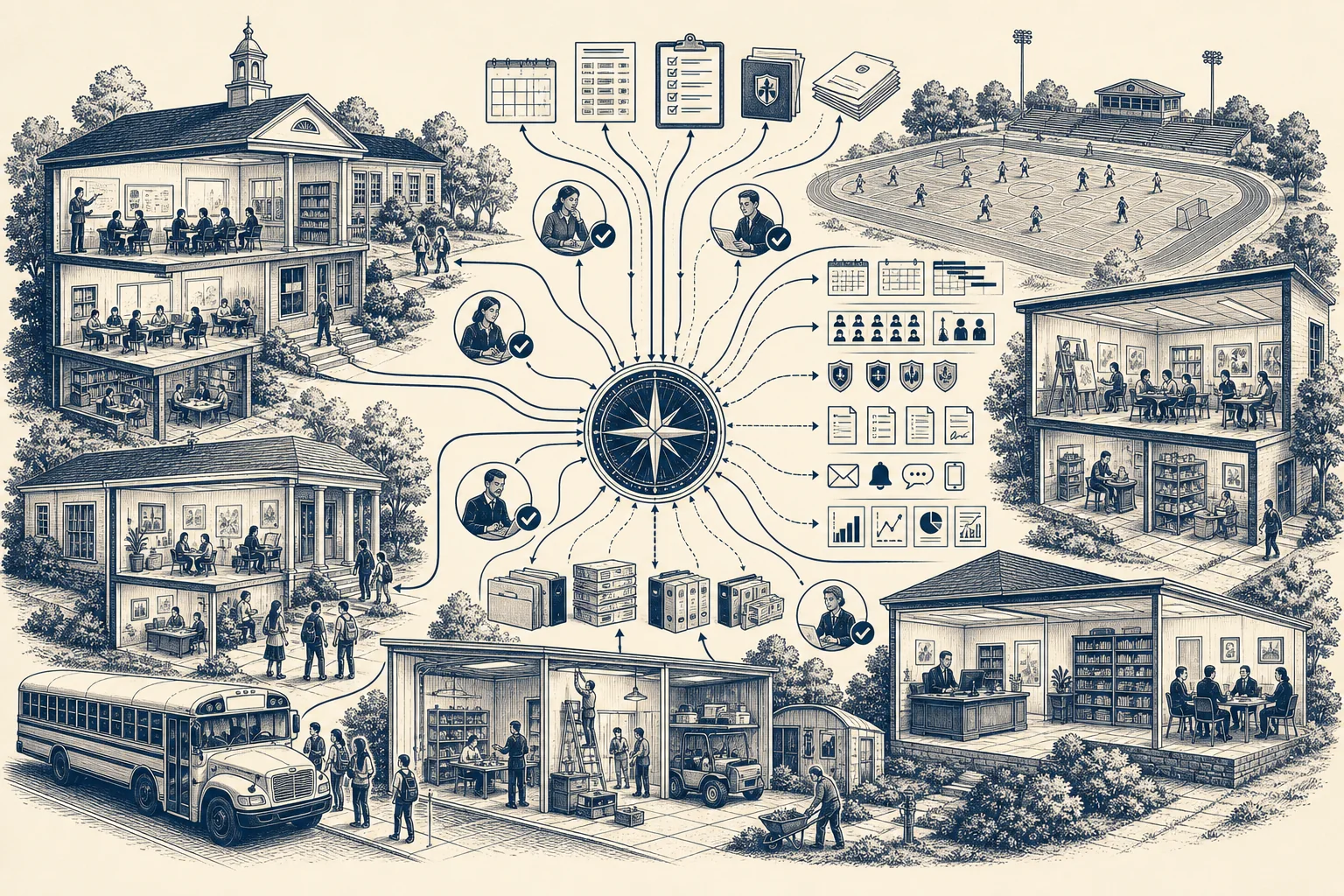 An illustrated private-school campus with academics, athletics, admissions, transportation, and operations connected through Atlas